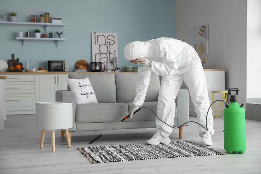 Masked man fumigating a house
